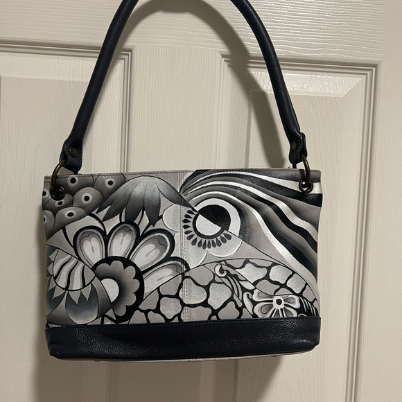 Anuschka Hand-Painted Leather Shoulder Bag in Patchwork Pewter.  NWOT - Picture 6 of 14